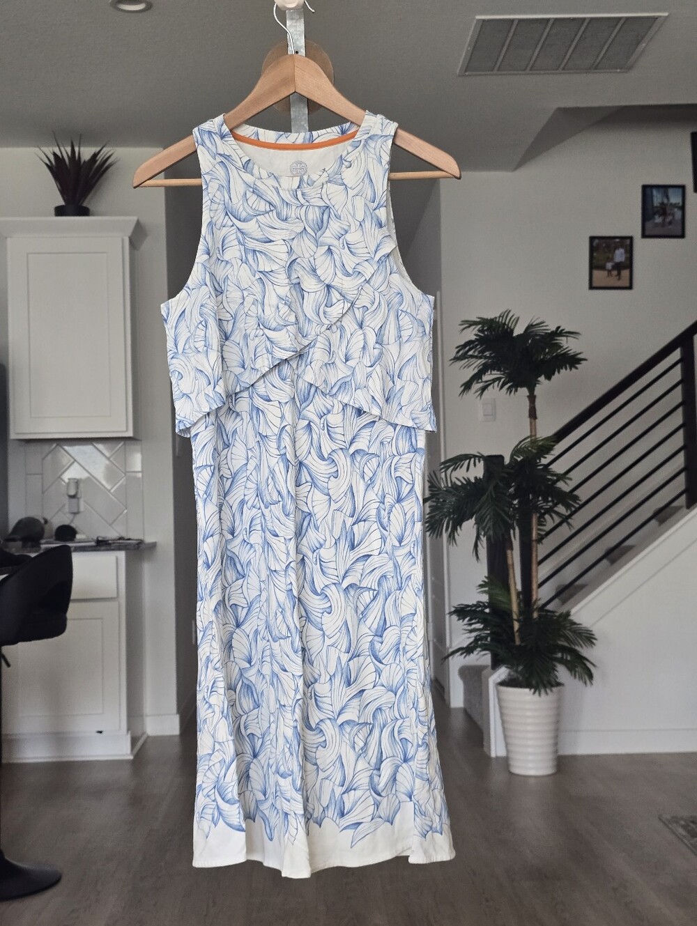 Tory Burch Blue White Leaf Print Sleeveless Ruffle Midi Dress XS Pima Cotton